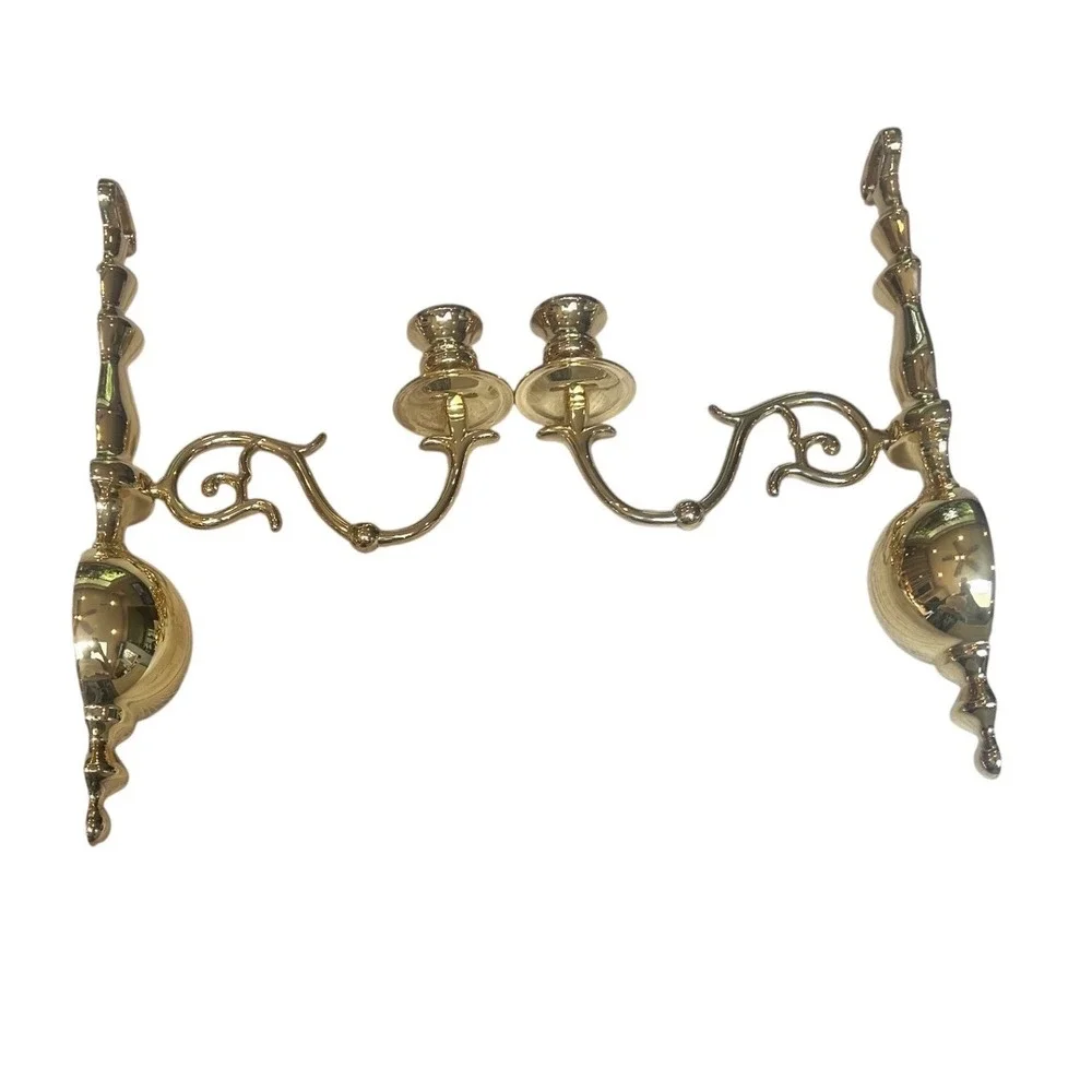 Vintage Polished Brass Wall Sconces Pair Traditional Candle Holder Set Gold